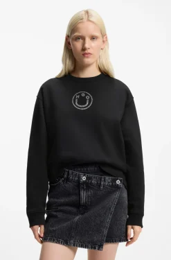 Cotton sweatshirt with rhinestone Happy HUGO logo
