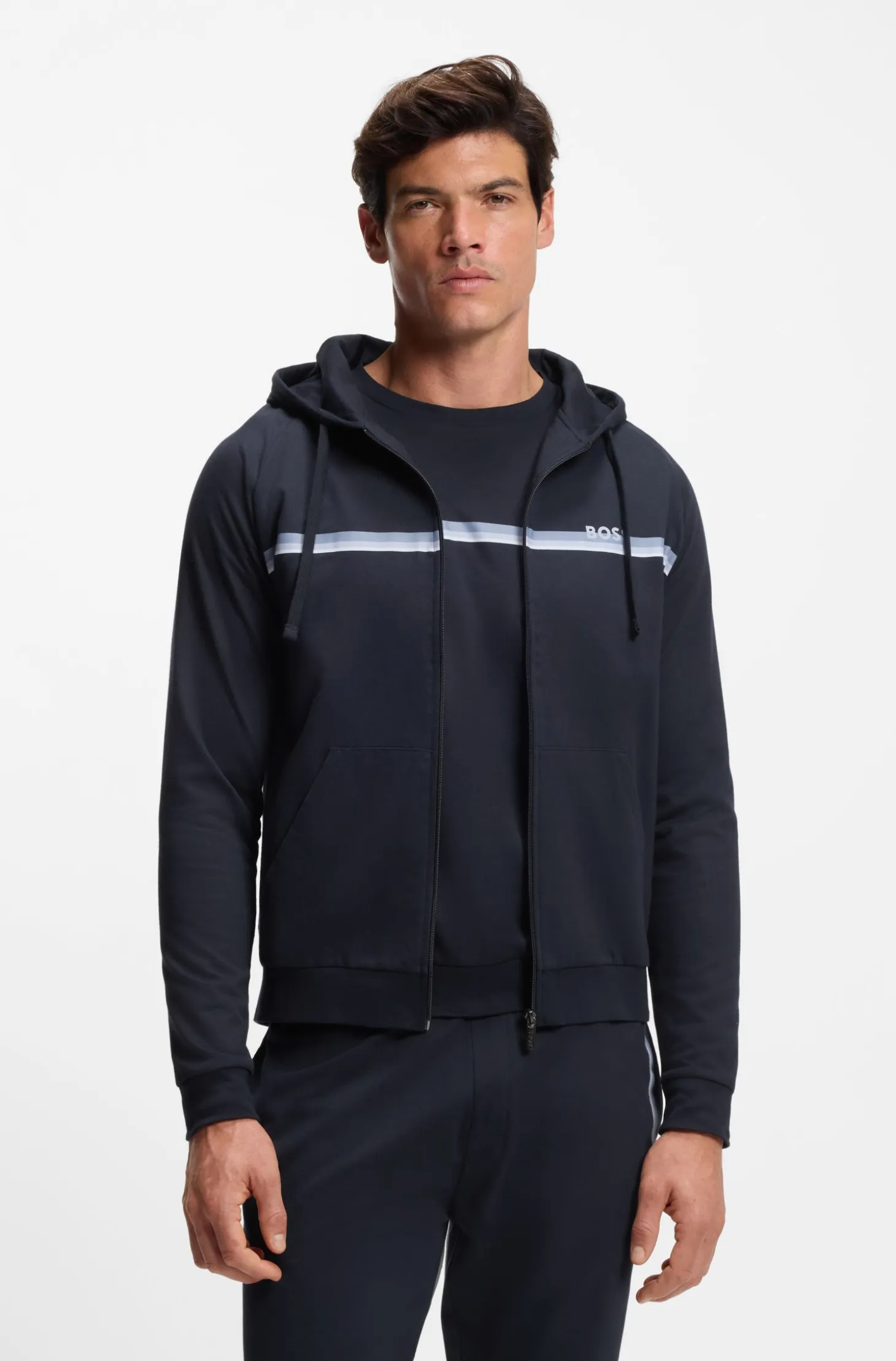 Cotton-terry zip-up hoodie with stripes and logo