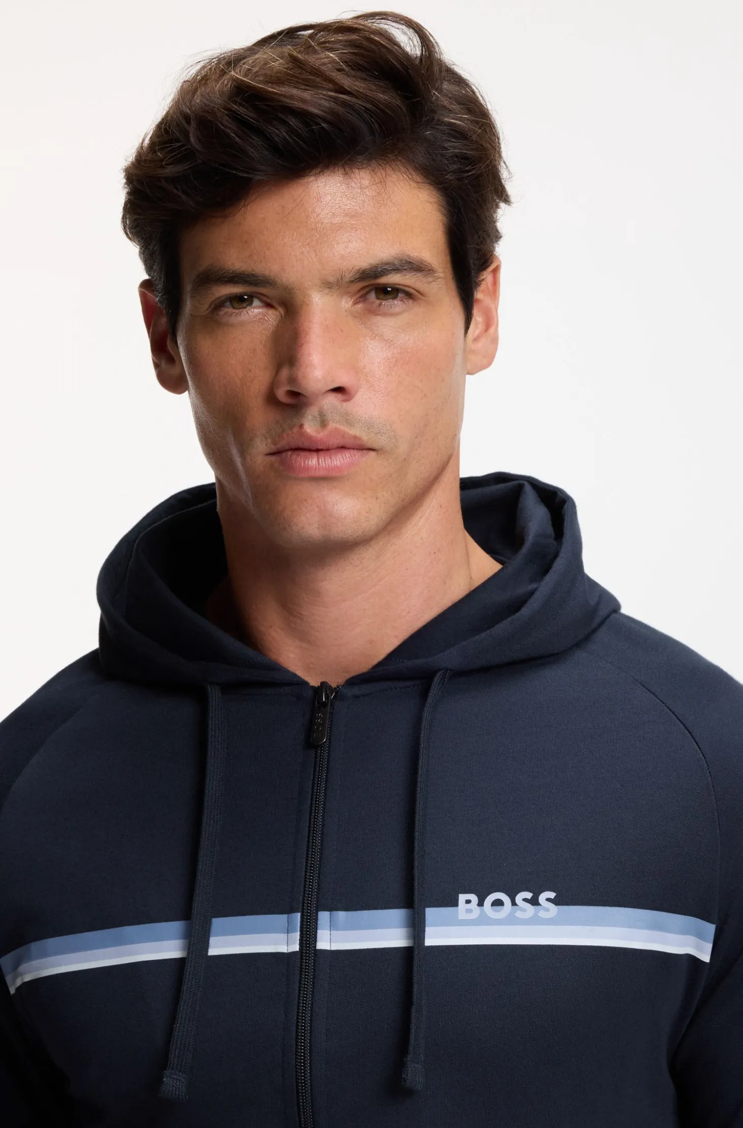 Cotton-terry zip-up hoodie with stripes and logo