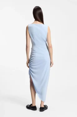 Crepe dress with gathered asymmetric hemline