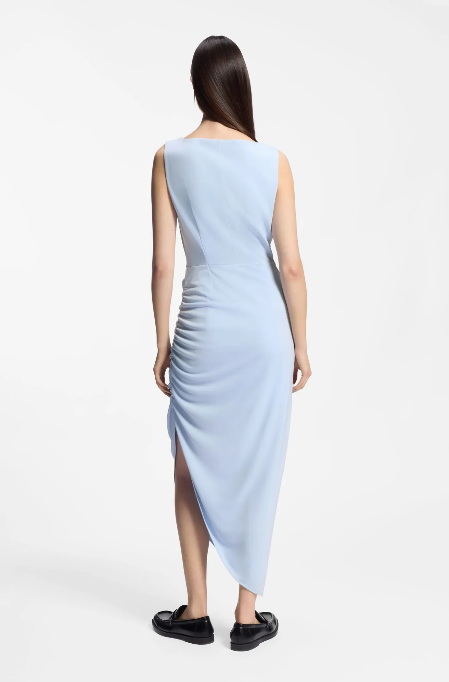 Crepe dress with gathered asymmetric hemline