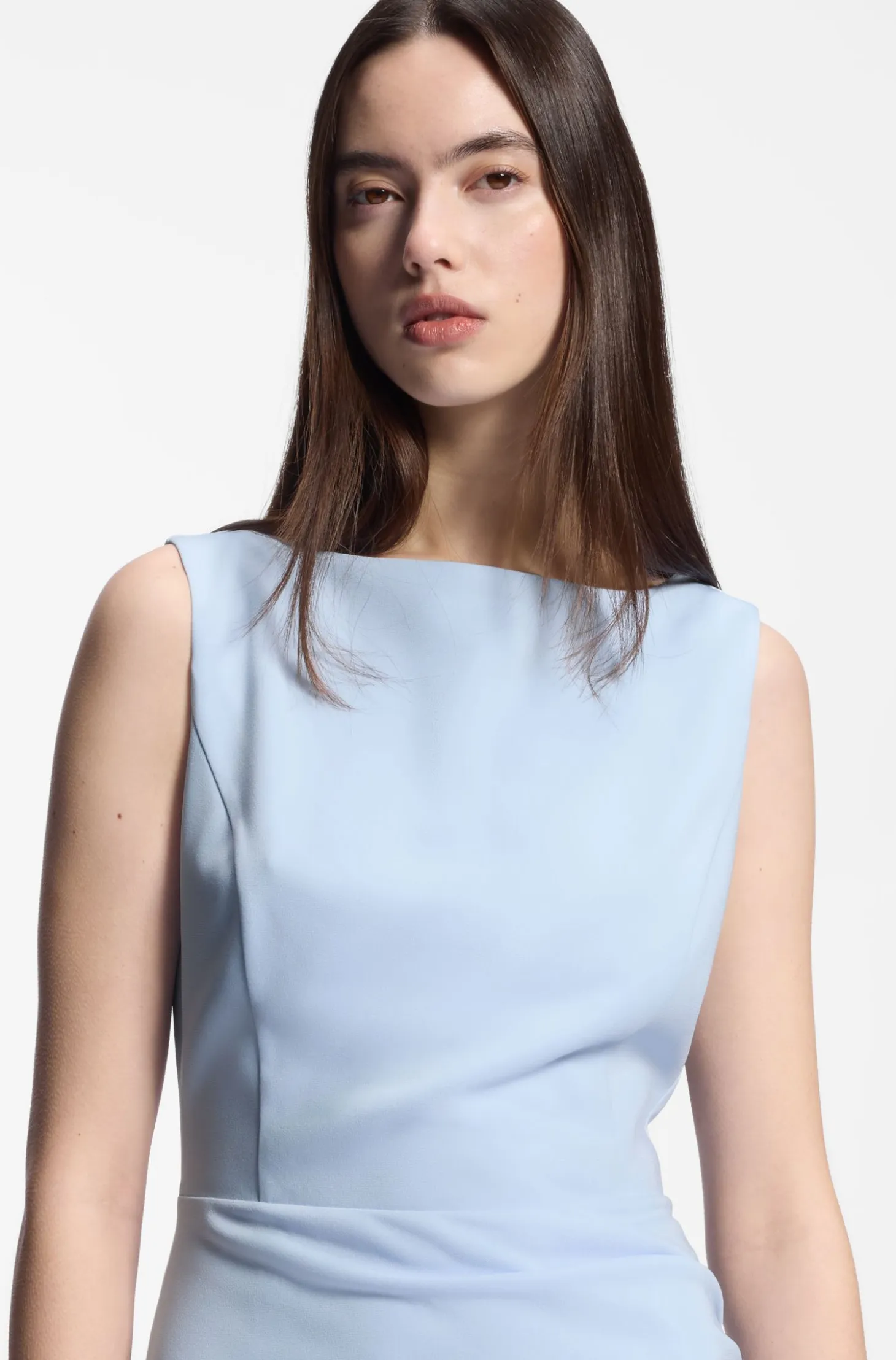 Crepe dress with gathered asymmetric hemline