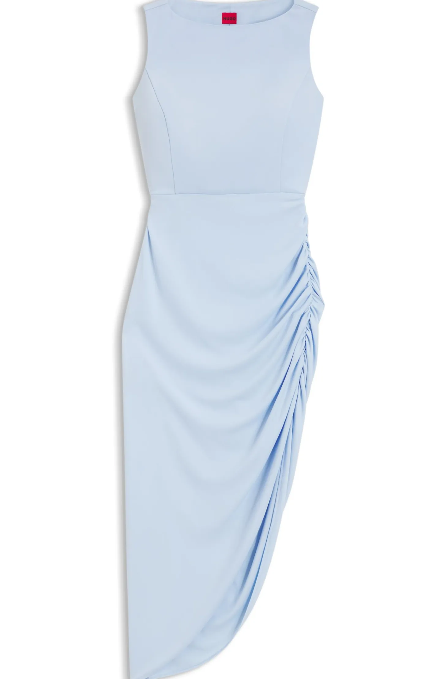 Crepe dress with gathered asymmetric hemline