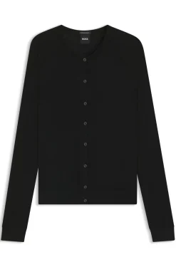 Crew-neck cardigan in superfine merino wool