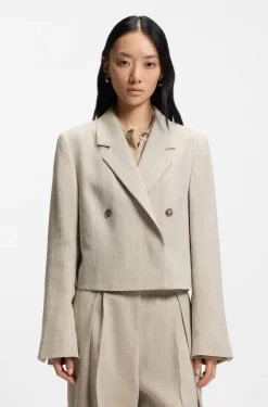 Cropped blazer in a herringbone-patterned linen blend