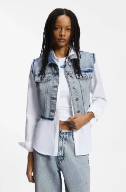 Cropped sleeveless vest in azure-blue denim