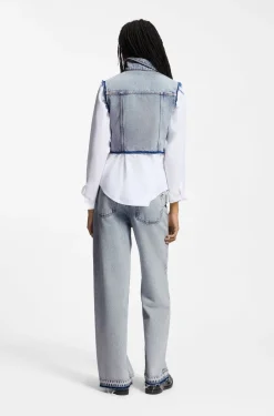 Cropped sleeveless vest in azure-blue denim
