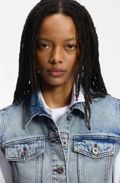 Cropped sleeveless vest in azure-blue denim