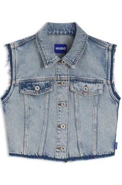 Cropped sleeveless vest in azure-blue denim