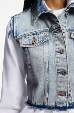 Cropped sleeveless vest in azure-blue denim