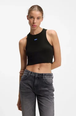 Cropped stretch-cotton tank top with blue logo label