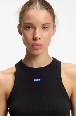 Cropped stretch-cotton tank top with blue logo label