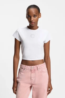 Cropped stretch-cotton T-shirt with rhinestone Happy HUGO logo