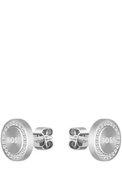 Crystal-encrusted stud earrings with logo