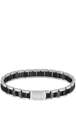 Cuff in black-plated and silver-tone steel