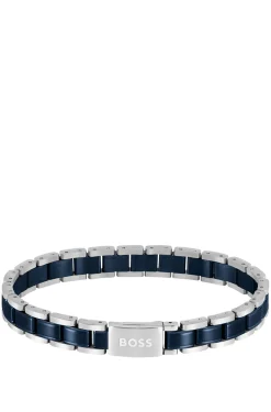 Cuff in silver-tone and blue-plated steel
