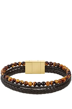 Cuff with tiger beads and braided brown leather