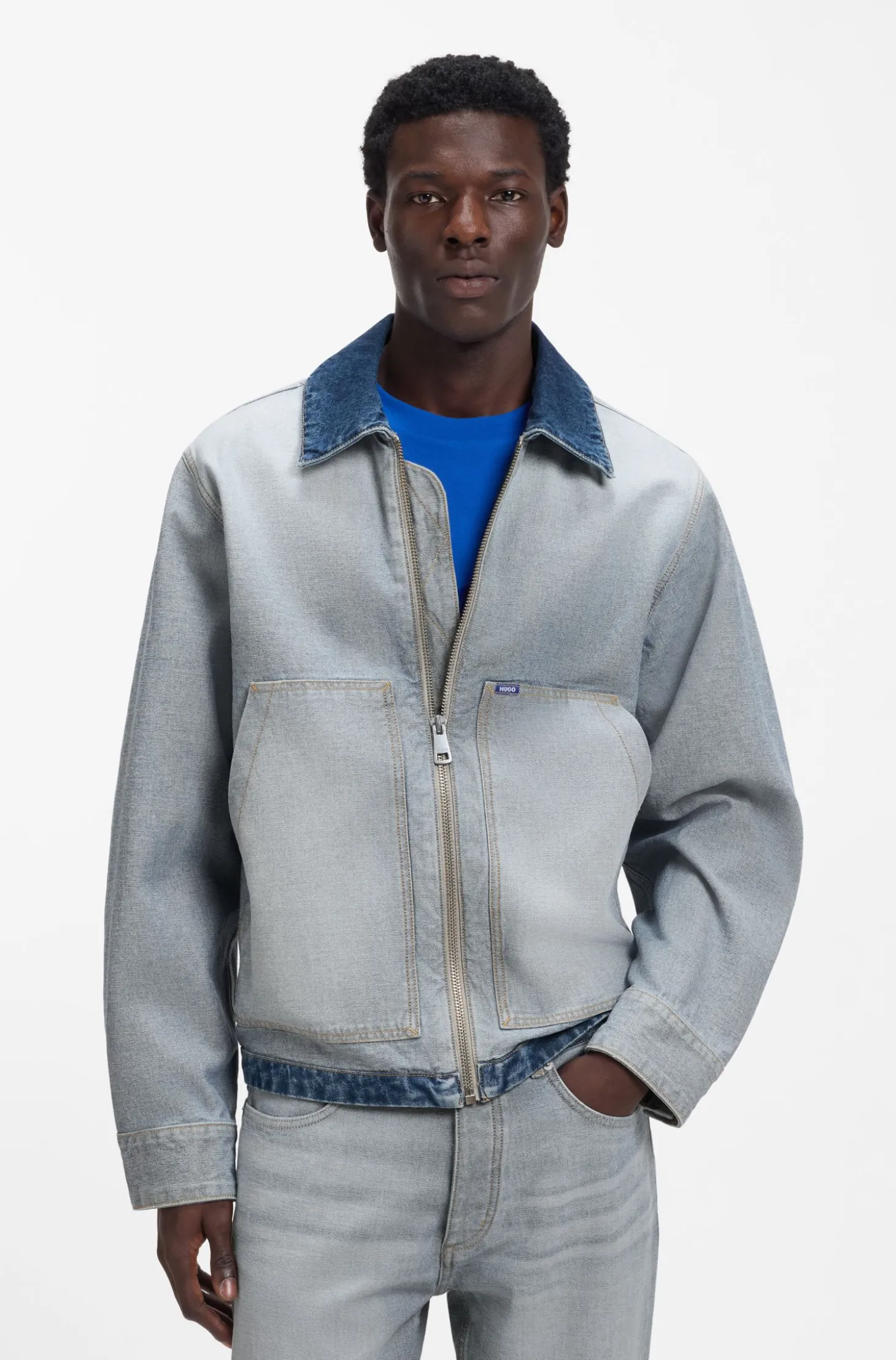 Denim jacket with inside-out styling