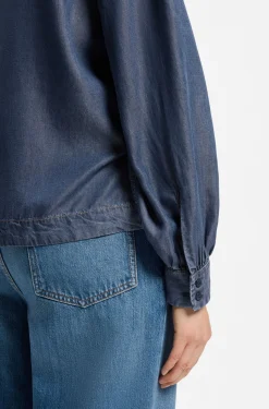 Denim-look blouse with scarf detail