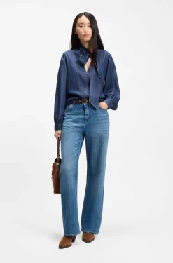 Denim-look blouse with scarf detail