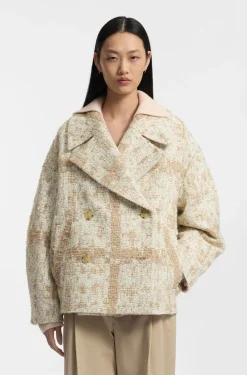 Double-breasted coat with check jacquard