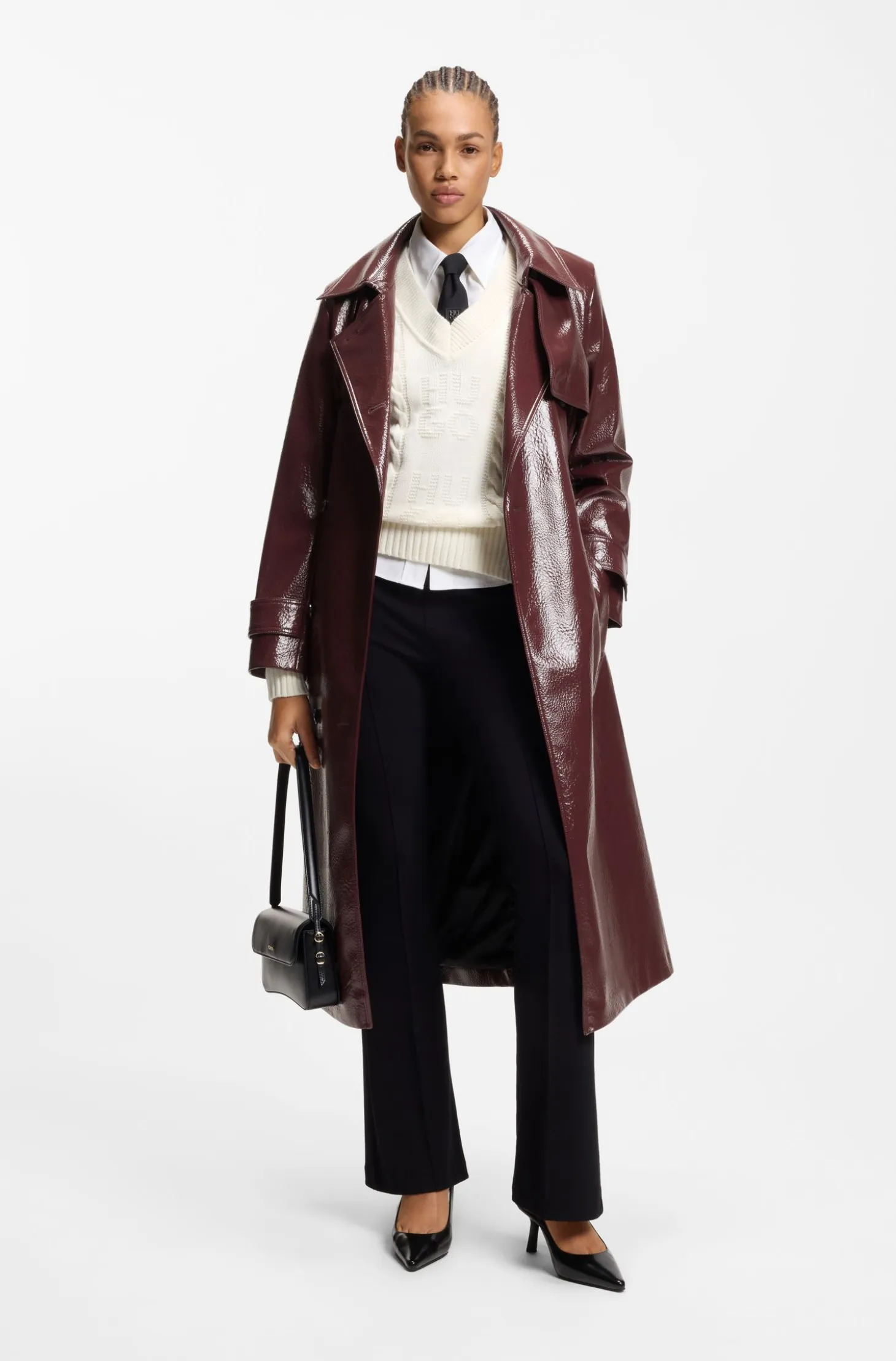 Double-breasted trench coat in faux leather