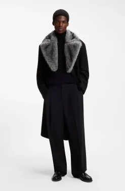 Double-breasted virgin wool coat with faux-fur collar