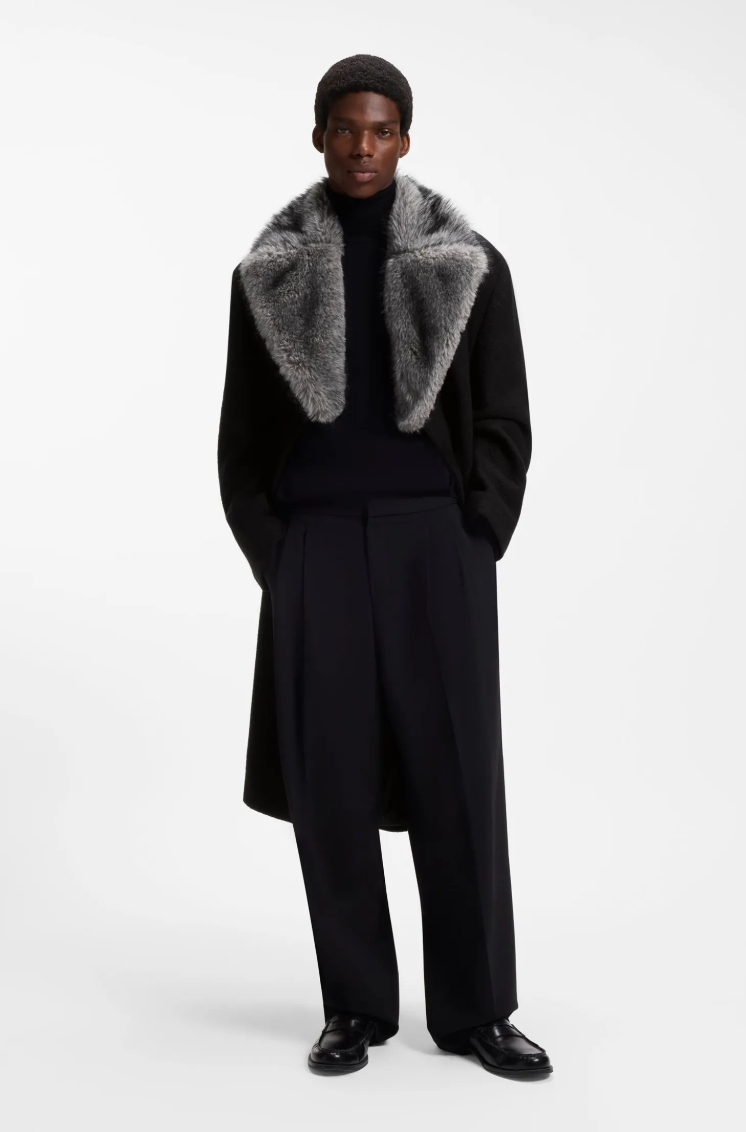 Double-breasted virgin wool coat with faux-fur collar