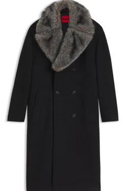 Double-breasted virgin wool coat with faux-fur collar