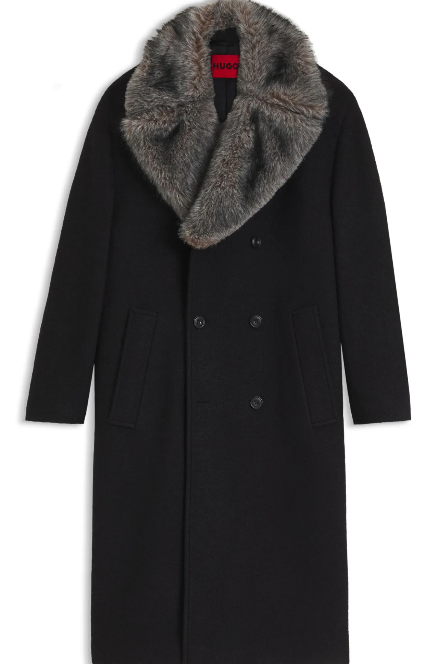 Double-breasted virgin wool coat with faux-fur collar