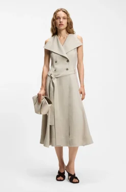 Double-breasted wrap dress in a herringbone linen blend