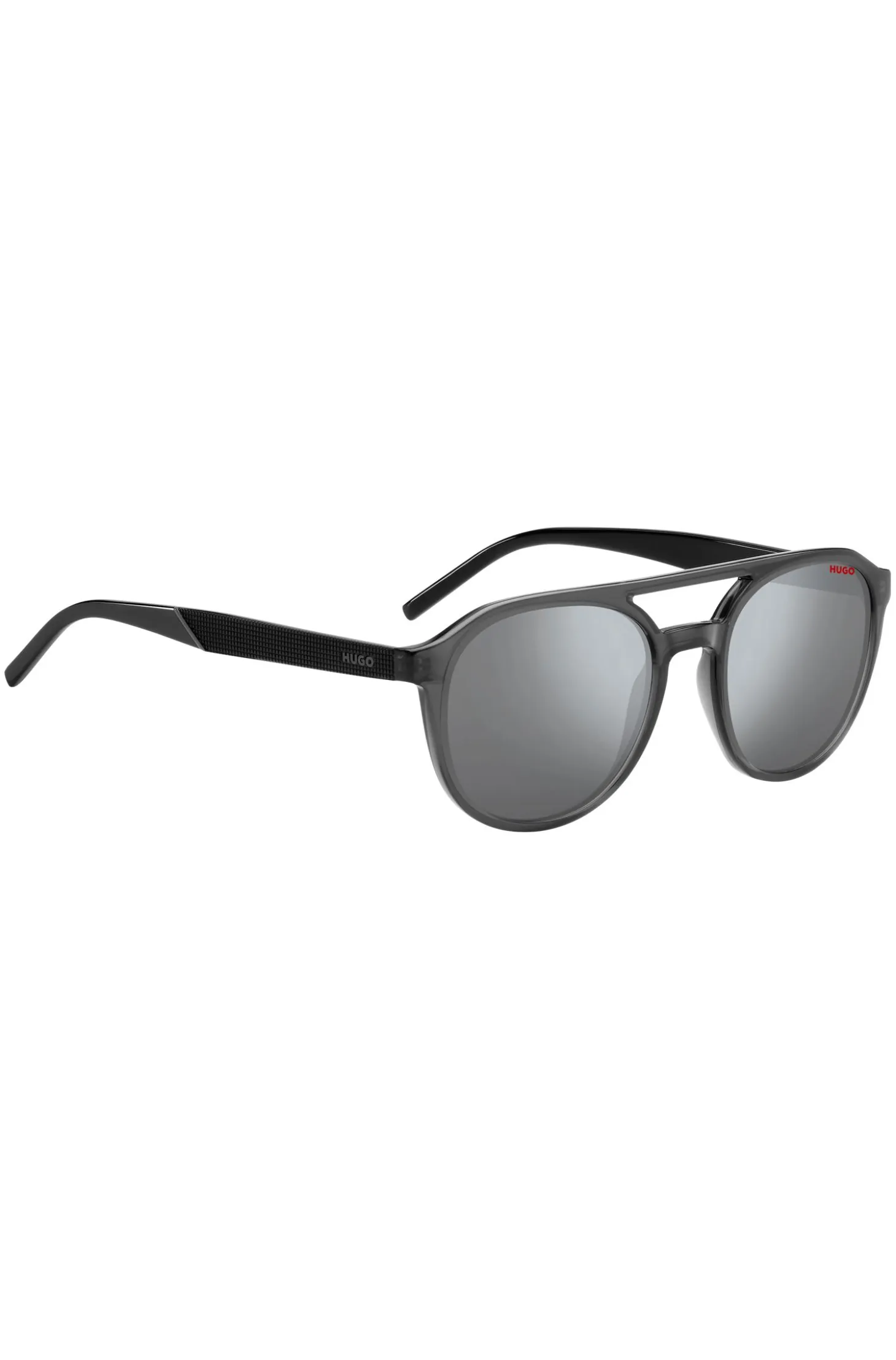 Double-bridge sunglasses in grey acetate with patterned temples
