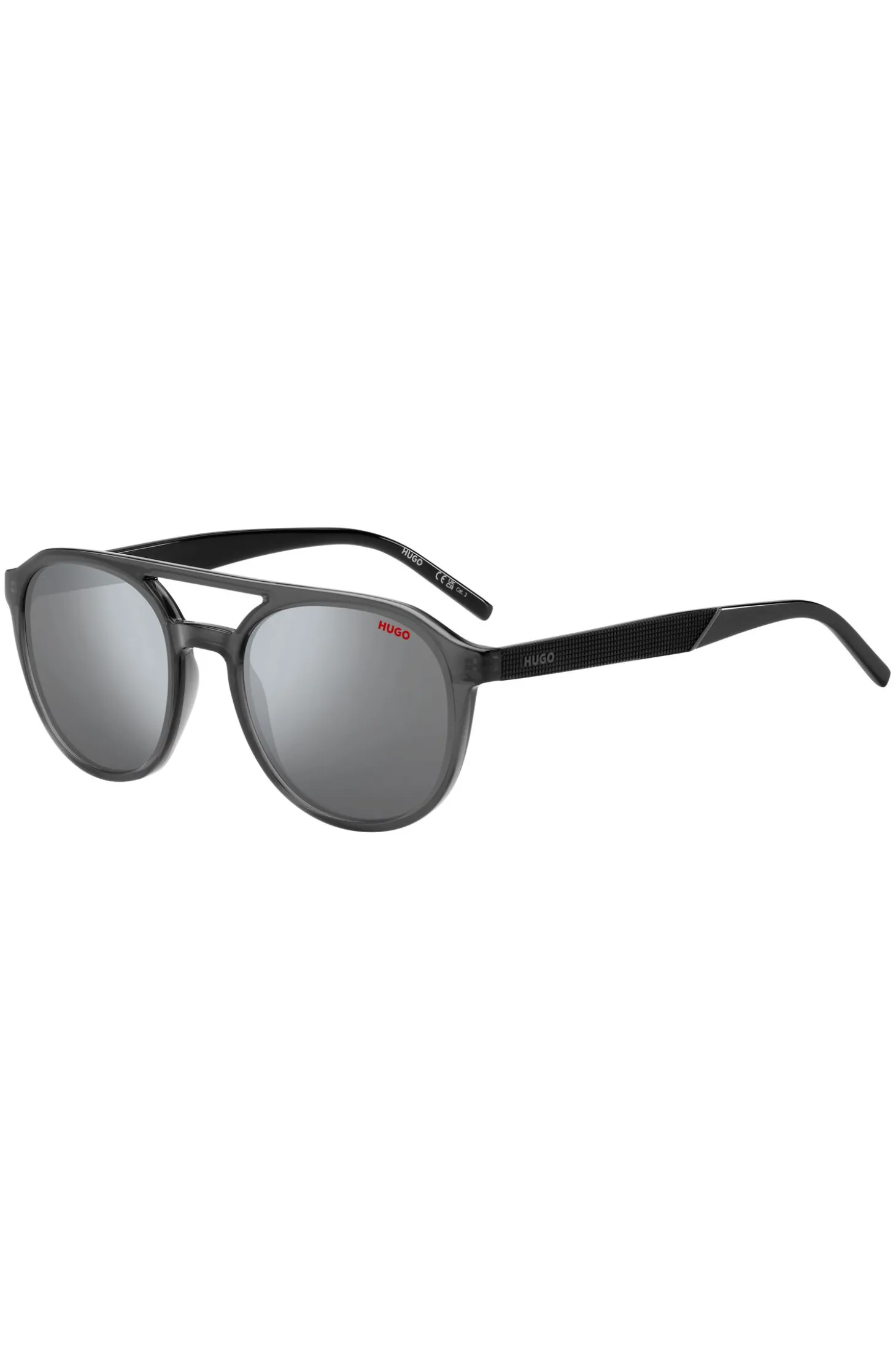 Double-bridge sunglasses in grey acetate with patterned temples