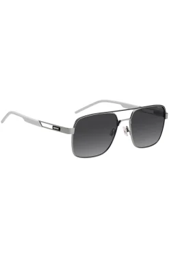 Double-bridge sunglasses in stainless steel with rubber logo