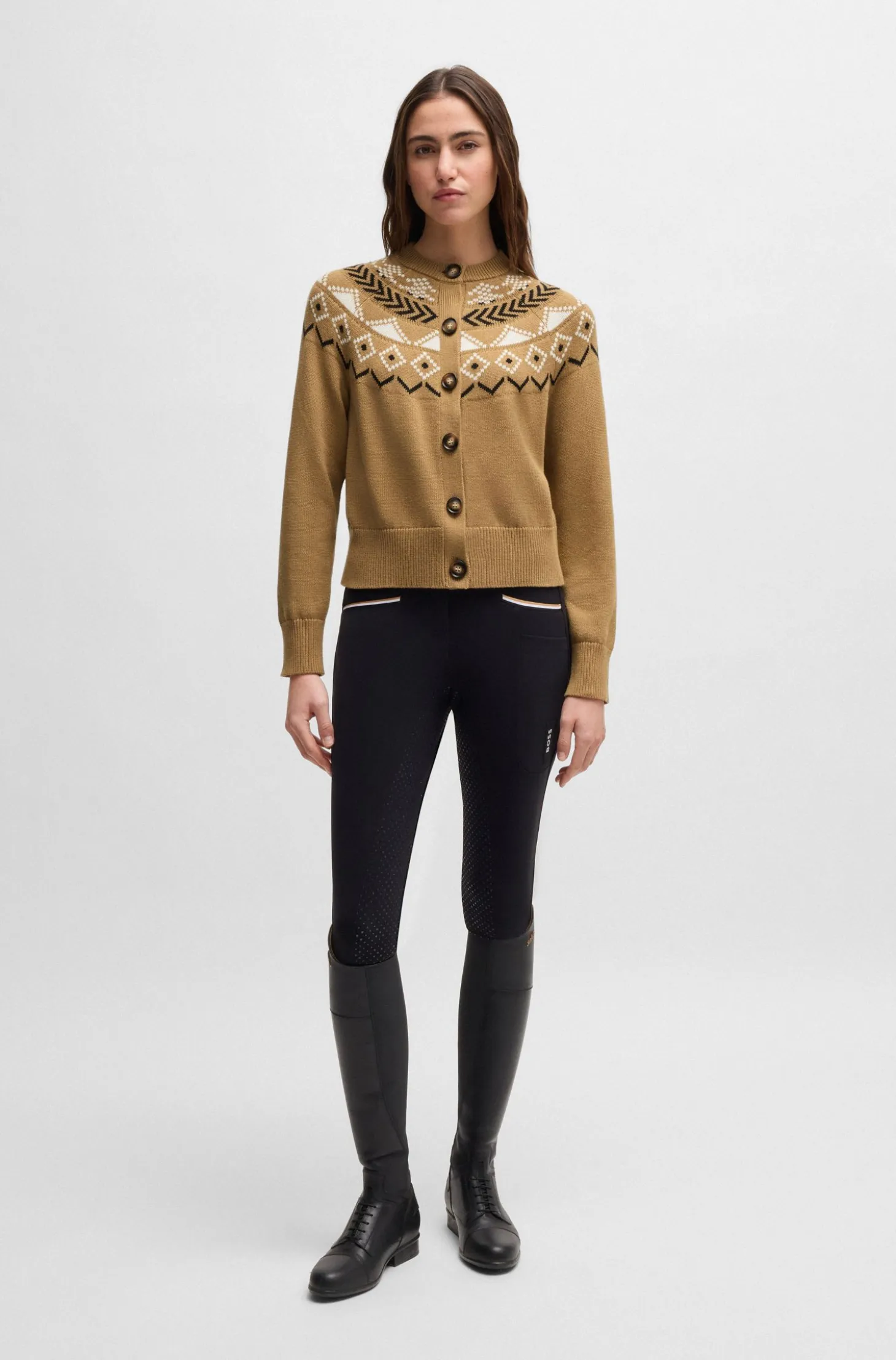 Equestrian cardigan with knitted pattern
