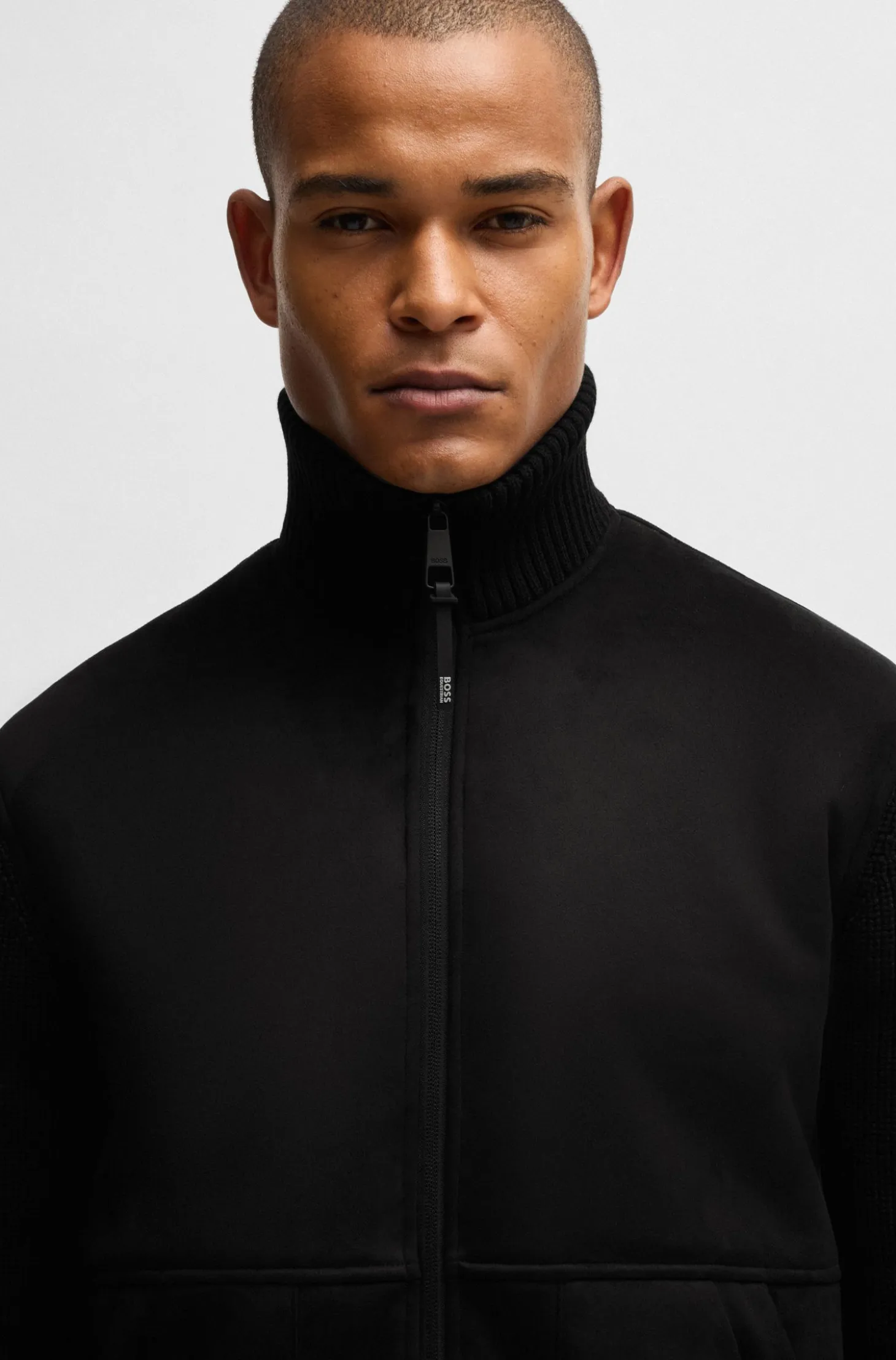 Equestrian faux-suede jacket with knitted trims