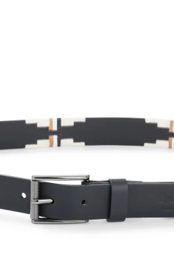 Equestrian leather belt with hand-embroidered signature stripes
