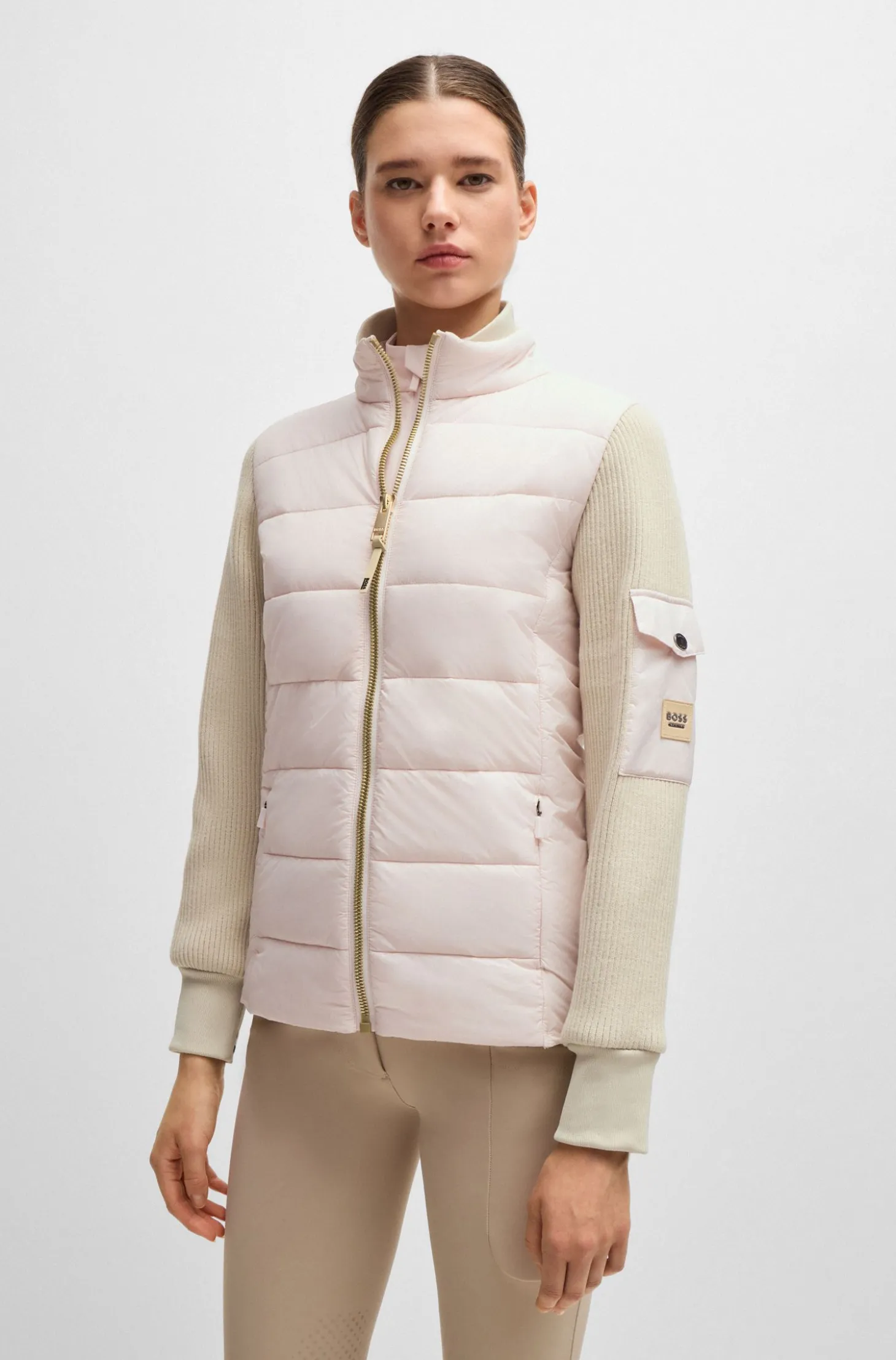 Equestrian mixed-material jacket with sleeve pocket