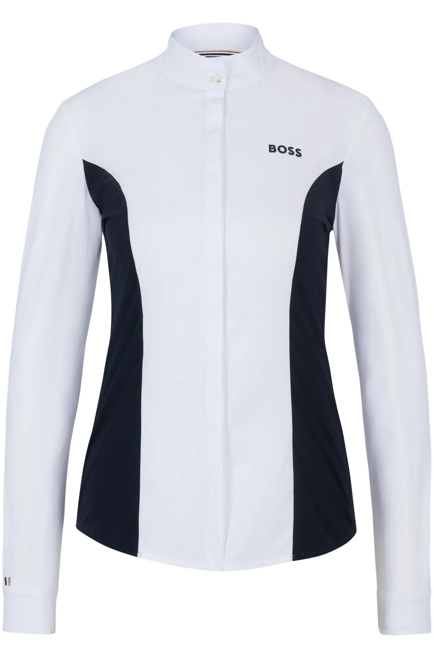 Equestrian show blouse with floral print and navy inserts