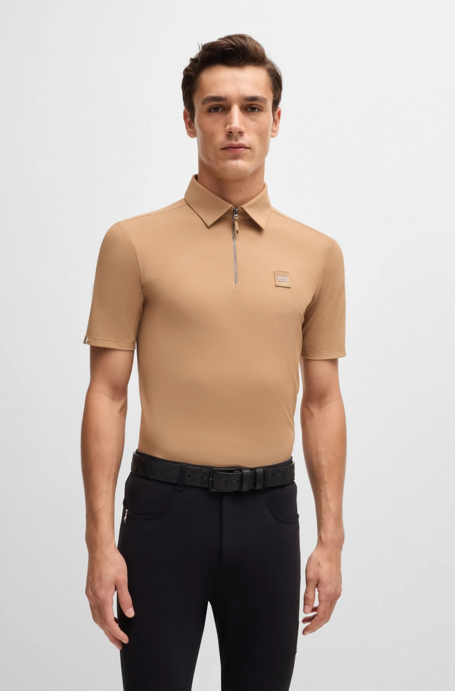 Equestrian stretch-piqué training shirt with zip placket