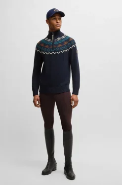 Equestrian troyer sweater with knitted pattern