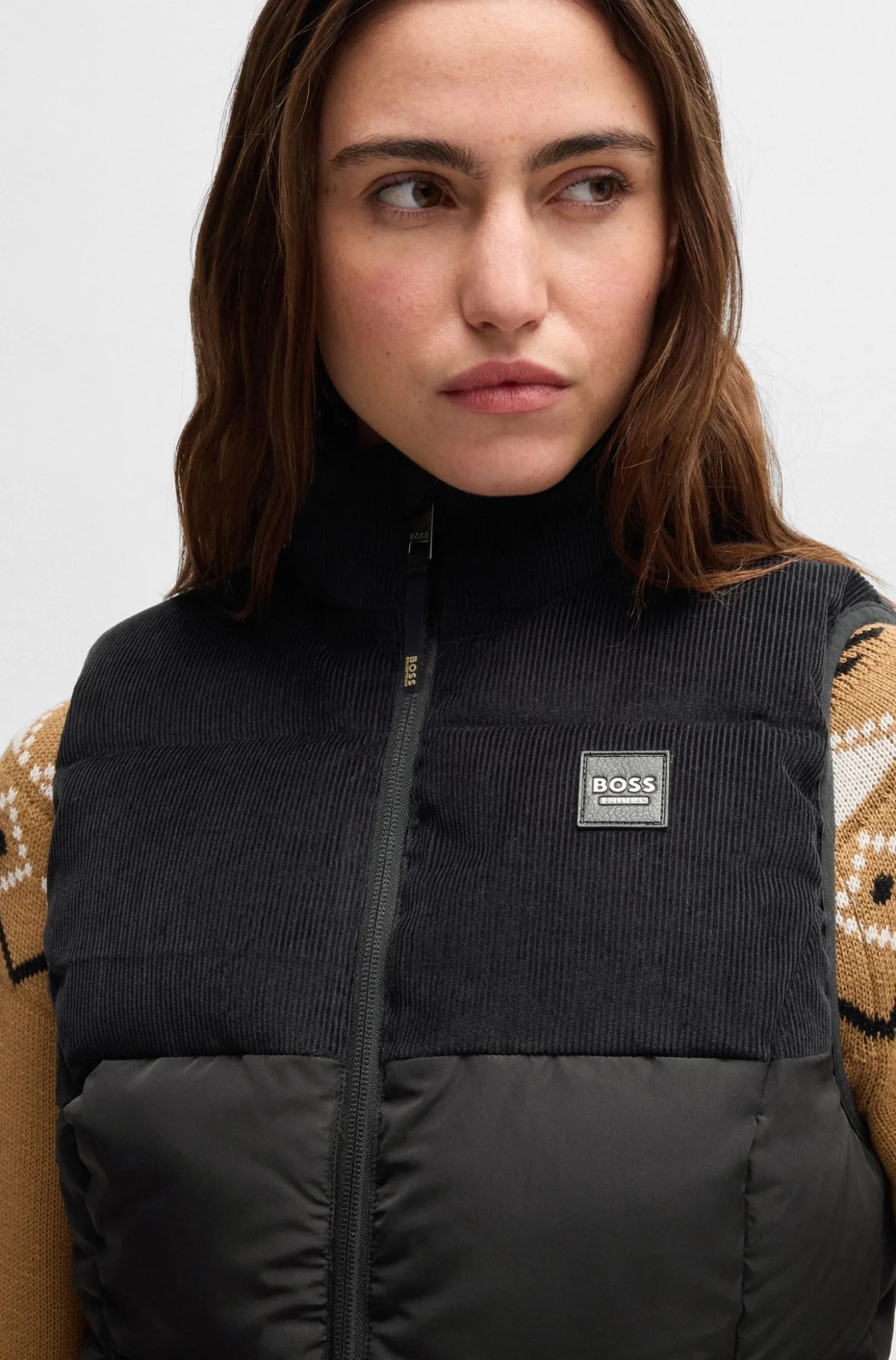 Equestrian waterproof gilet with corduroy trim