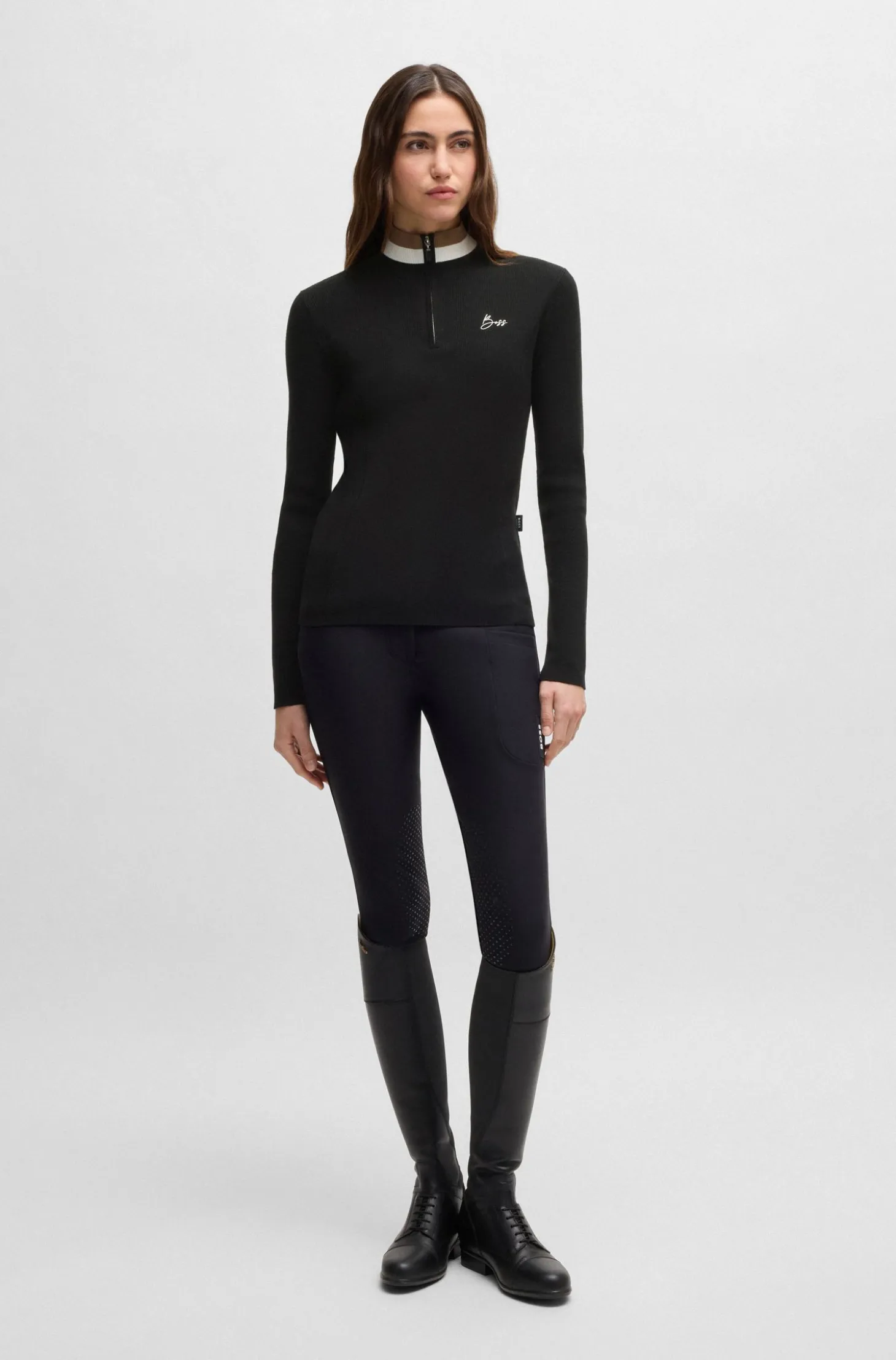 Equestrian zip-neck sweater with ribbed structure