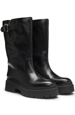 Faux-leather biker boots with buckle detail
