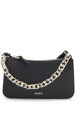 Faux-leather crossbody bag with decorative chain