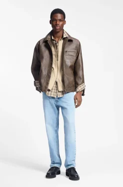 Faux-leather jacket with cross-shaped zip-puller