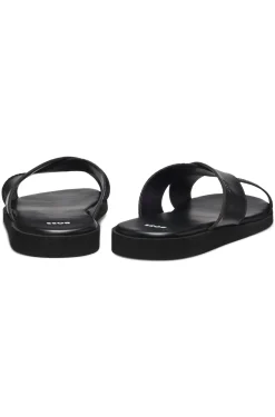 Faux-leather slides with plain and patterned straps