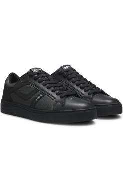 Faux-leather trainers with denim-look trims