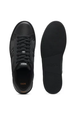 Faux-leather trainers with denim-look trims