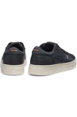 Faux-leather trainers with denim-look trims